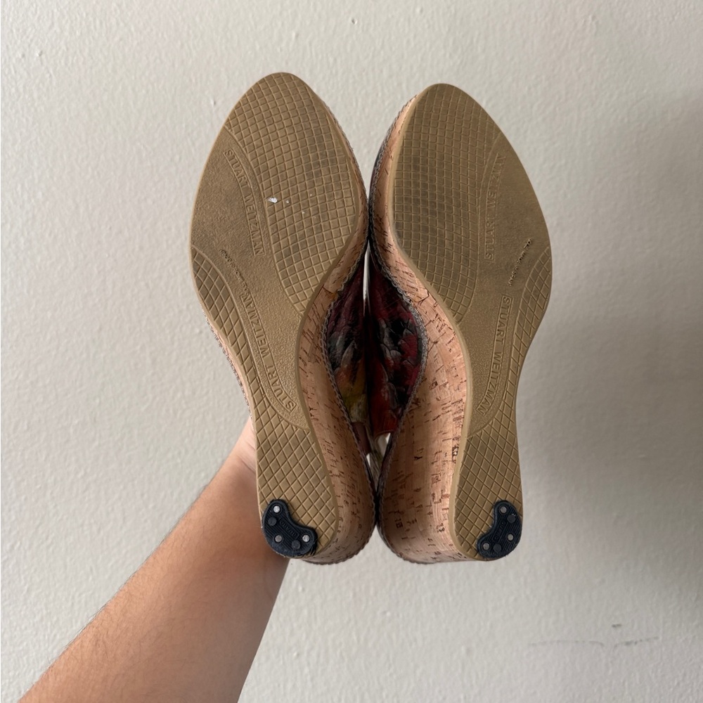 Stuart Weitzman Colorful Snakeskin Peep Toe Slingback Cork Wedges size 8.5 - Picture 8 of 10
